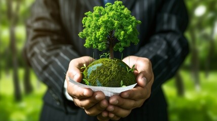 Man in suit holding a small globe with a tree growing on it, symbolizing environmental conservation and sustainability.