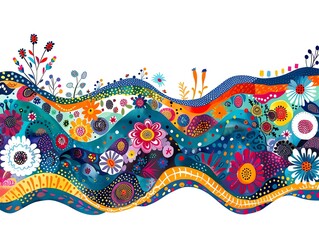 Colorful abstract floral pattern with wavy lines on white background.