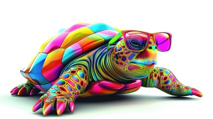 Fototapeta premium Cartoon colorful turtle with sunglasses on white background