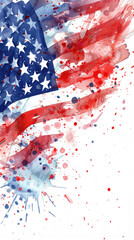 Artistic depiction of the American flag with vibrant paint splashes capturing the essence of patriotism and creativity on a white background.