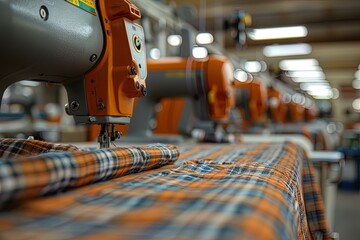 AI robotic production sewing machines, intelligent robotic arm working in fabric.