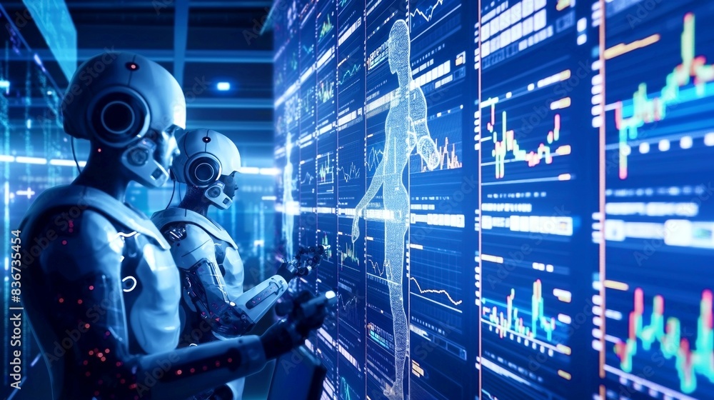 Poster Robots analyzing data on digital screens in a futuristic control room focused on artificial intelligence and technology.