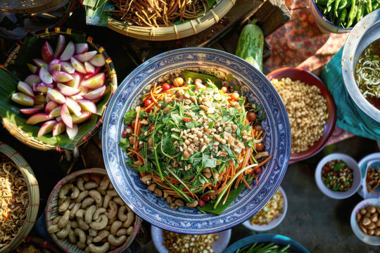 Burmese Fermented Tea Leaf Salad Laphet Thoke with Fresh Vegetables and Nuts on Burmese Market Background