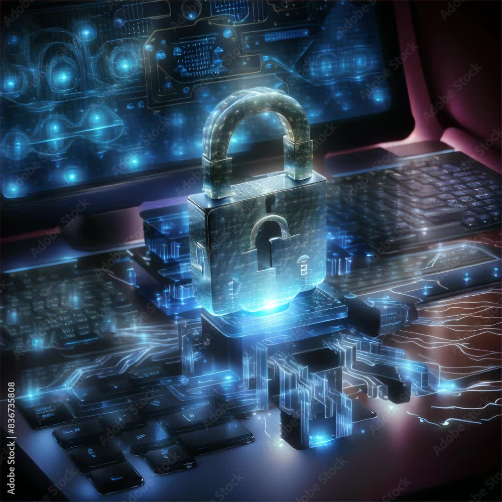 Poster intricate digital illustration highlighting a glowing lock placed on a keyboard, symbolizing cyberse