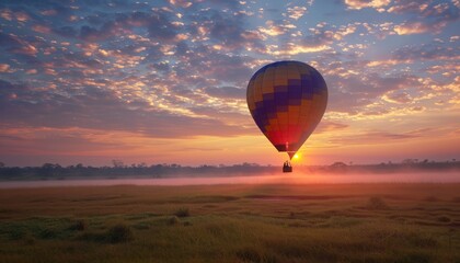 Naklejka premium Vibrant Sunrise Soar: A Colorful Hot Air Balloon Adventure
