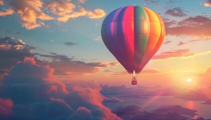 Obraz premium Sky's Canvas: A Colorful Hot Air Balloon Soars at Sunset