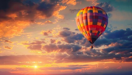 Fototapeta premium Spectacular Sunset Ride: A Vibrant Hot Air Balloon Journey
