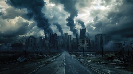 Un paysage urbain d'une m&eacute;tropole abandonn&eacute;e, repr&eacute;sentant la destruction caus&eacute;e par des explosions nucl&eacute;aires ou des guerres.
