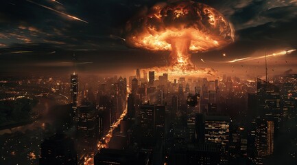 Un paysage urbain illustrant la destruction dans un monde post-apocalyptique, champignon atomique en arrière-plan.