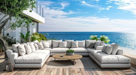 Fototapeta premium Un luxueux espace extérieur avec un canapé d'angle avec coussins, terrasse en bois, surplombant l'océan.