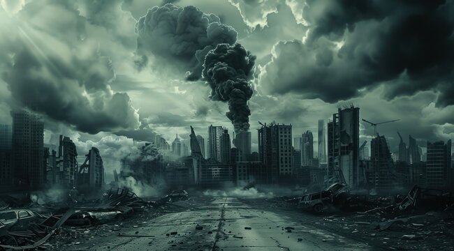 Un paysage urbain d'une m&eacute;tropole abandonn&eacute;e, repr&eacute;sentant la destruction caus&eacute;e par des explosions nucl&eacute;aires ou des guerres.