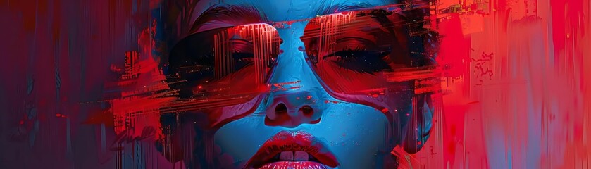 Abstract portrait of a person with vibrant red and blue hues, wearing sunglasses. Intense and captivating digital art.