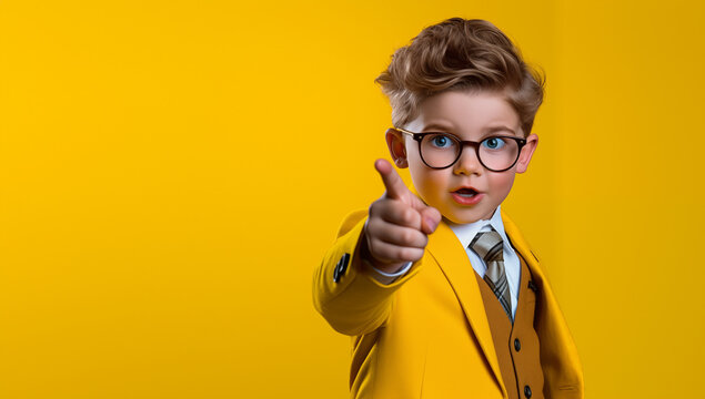 Un gar&ccedil;on &agrave; lunettes, &acirc;g&eacute; de 10 ans, pointant le doigt vers le haut, avec un costume et une cravate, sur un fond de couleur jaune, style photographie publicitaire.