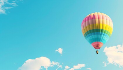 Fototapeta premium Ascending Colors: A Vibrant Hot Air Balloon Soaring in the Blue Sky