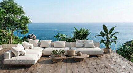 Obraz premium Un grand canapé d'extérieur avec des coussins sur la terrasse en bois d'une maison moderne surplombant l'océan.