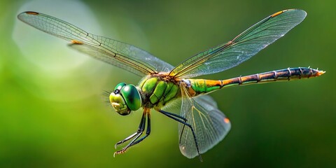 Close-up of a green dragonfly hovering in the air, dragonfly, flying, isolated, nature, wildlife, insect, wings, vibrant, close-up, macro,beautiful, colorful, graceful, odonata, front view