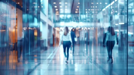 Blurred image of people walking down a modern office hallway with glass walls and bright lighting.