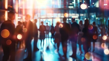 Silhouettes of business people networking at an event with blurred colorful lights and modern background.