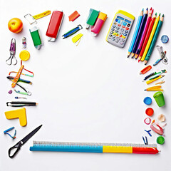 school supplies arrayed along a double sided border top view on a pristine white background