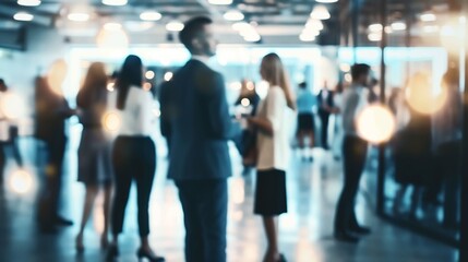 Abstract blurred image of people in business attire networking at a corporate event or conference in a modern setting.