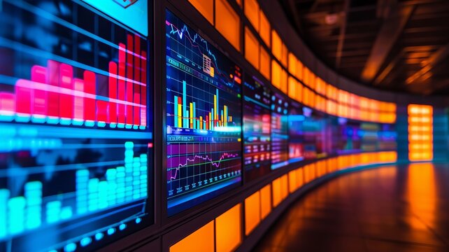 High-tech control room with curved wall of data display screens