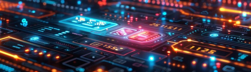 Obraz premium Close-up of colorful futuristic circuit board glowing in neon lights, depicting advanced technology and digital innovation.