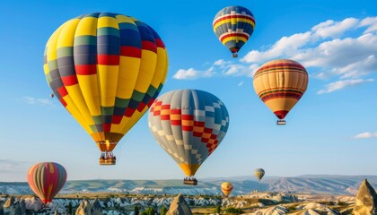 Fototapeta premium A Vibrant Spectacle: Hot Air Balloons Prepare for Flight in Goreme National Park, Cappadocia, Turkey