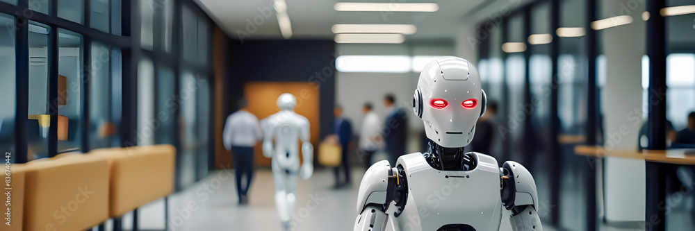 Leinwandbilder bright business workplace with blur many robot ai and people in walking in blurred motion in modern 