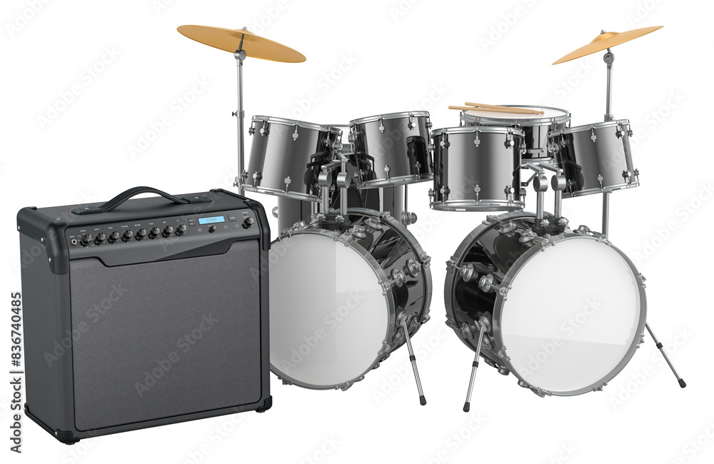 Poster drum kit with instrument amplifier, 3d rendering isolated on transparent background