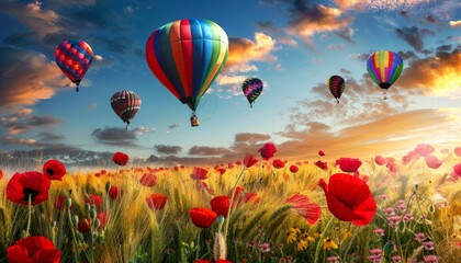Obraz premium Vibrant Splendor: A Kaleidoscope of Hot Air Balloons Soaring Over a Sea of Red Corn Poppies