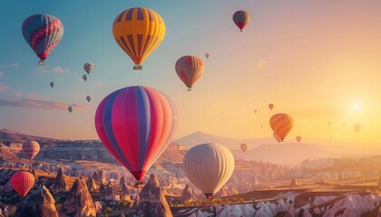 Fototapeta premium Vibrant Hot Air Balloons Dance Across the Sunrise Sky in Goreme National Park, Cappadocia