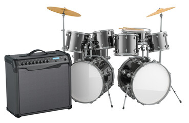 Drum kit with Instrument Amplifier, 3D rendering isolated on transparent background