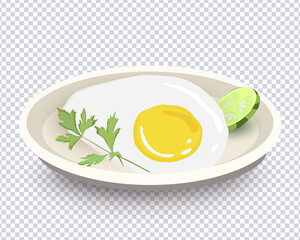 Breakfast of fried eggs, greens and fresh cucumber. Eating on plate is top view. Cooking lunch, dinner, breakfast. Natural product. Healthy and tasty food ideas. Design for menu. Vector illustration
