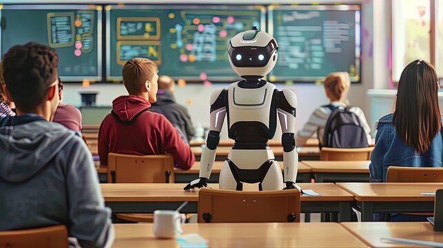 An AI robot teacher standing in front of a group of students in class.