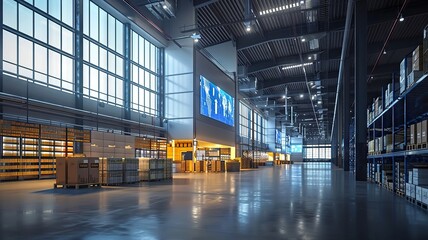 Spacious modern warehouse with large windows and storage racks