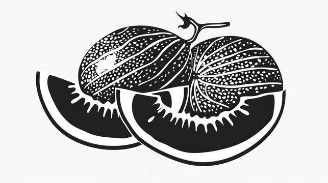 recommend clip art: Simple, clear and beautiful arts and crafts artisanal stencil print style illustration, melon isolated on white background. Stencilled graphic design, modern, minimalist, black and white, copy space