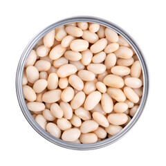 White kidney beans in an opened can. Cooked and canned cannellini beans, a variety of the common bean, Phaseolus vulgaris, a vegetarian staple food. Isolated, from above, close-up, macro food photo.
