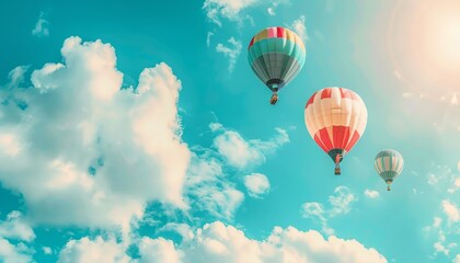 Naklejka premium Vibrant Spectacle: Colorful Hot Air Balloons Soar Through the Blue Sky at 7:4