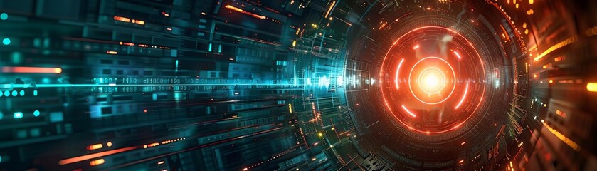 Obraz premium Futuristic digital tunnel with blue and orange lights, perfect for sci-fi themes, representing technology, innovation, and cyberspace.