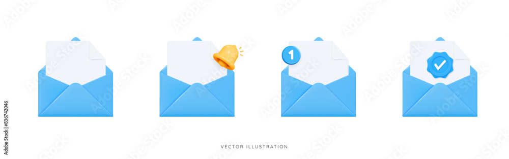 Fototapete 3d open envelope icon set with bell, new notification and check mark. blue envelope with file docume