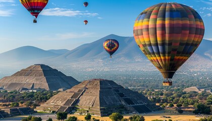 A Vibrant Journey: Hot Air Balloons Soar Above Teotihuacan's Ancient Pyramid in Mexico