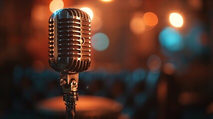 Classic microphone in dark ambient setting with soft focus background