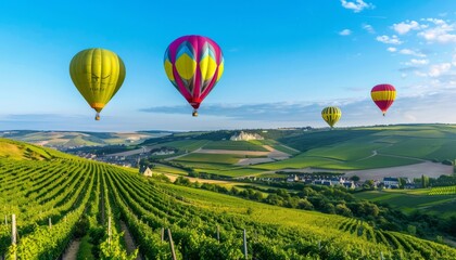 Fototapeta premium Spectacular Sight: Colorful Hot Air Balloons Soaring Above Champagne Vineyards in Montagne de Reims,