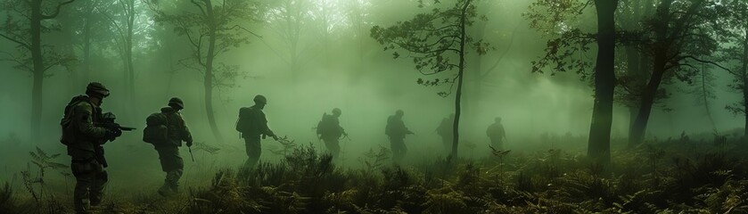 Silhouette of soldiers in a misty forest, Military, Green Tones, HighResolution