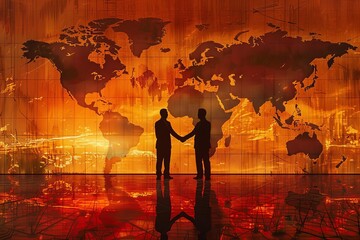Silhouettes of two businesspeople shaking hands in front of a world map, symbolizing global business and international partnership.