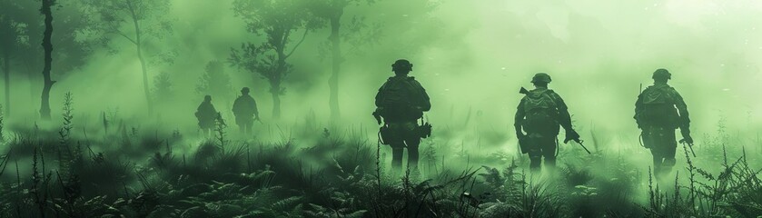 Silhouette of soldiers in a misty forest, Military, Green Tones, HighResolution