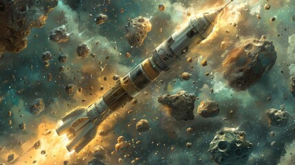 Spacecraft traveling through asteroid field in deep space, evoking adventure, exploration, and the wonders of the universe.