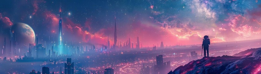 Surreal futuristic cityscape with vibrant colors and an astronaut gazing at the wondrous view of distant planets in a fantastical universe.