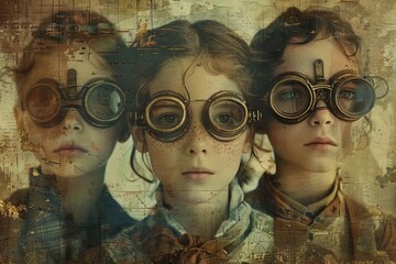 Three children wearing vintage steampunk goggles, capturing a blend of historical and futuristic aesthetics in a sepia-toned portrait.