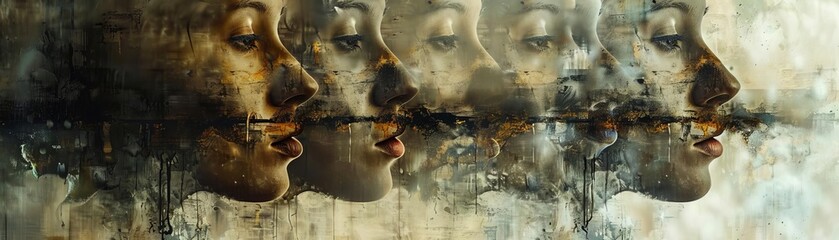 Surreal artistic depiction of multiple faces in profile, blending abstract and realistic elements. A visual symphony of expression.